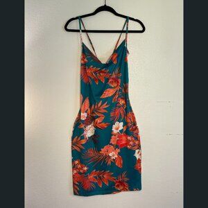 Tropical Floral Slip Dress – Teal & Orange, Adjustable Strap